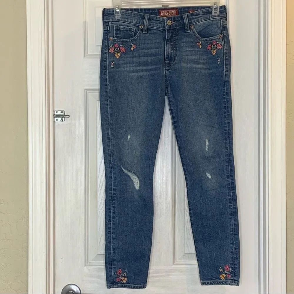 Lucky Brand Ava Skinny Floral Embroidered Distressed Jeans Size 2